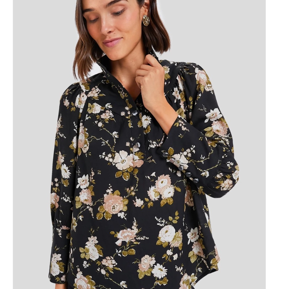 Floral Button-Front Black Blouse with Puff Shoulders